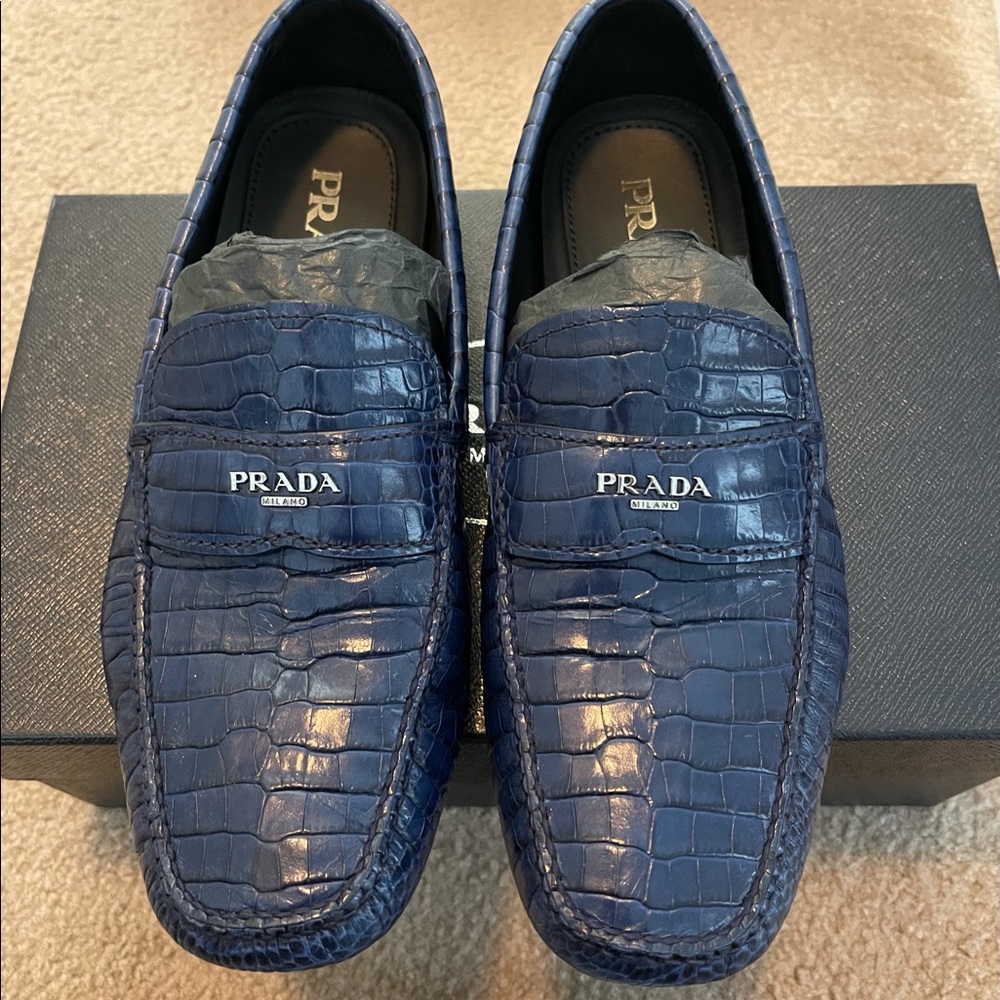 Men’s royal blue Prada crocodile style loafers!